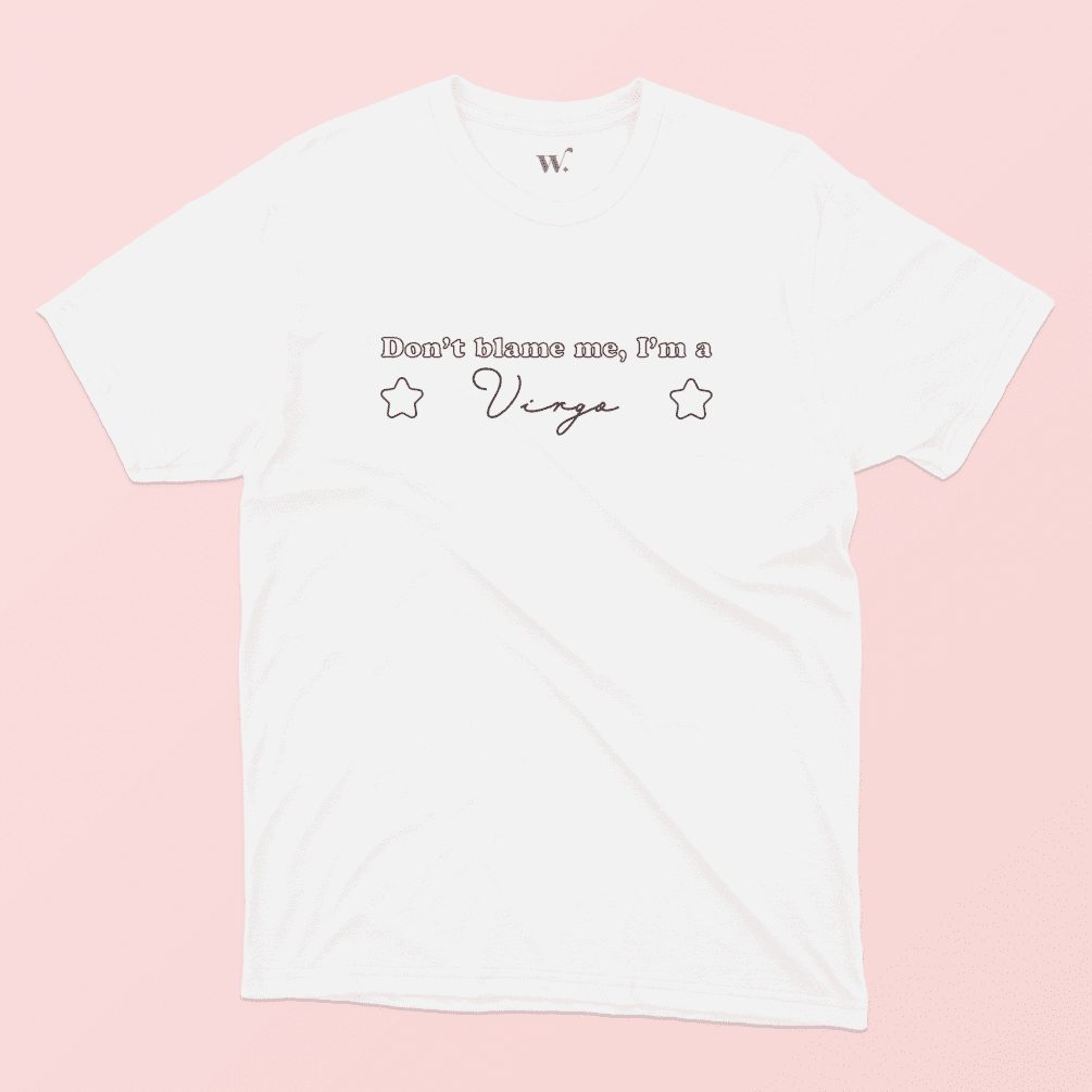 Don't blame me I'm a Virgo illustrated white t-shirt on a pink background