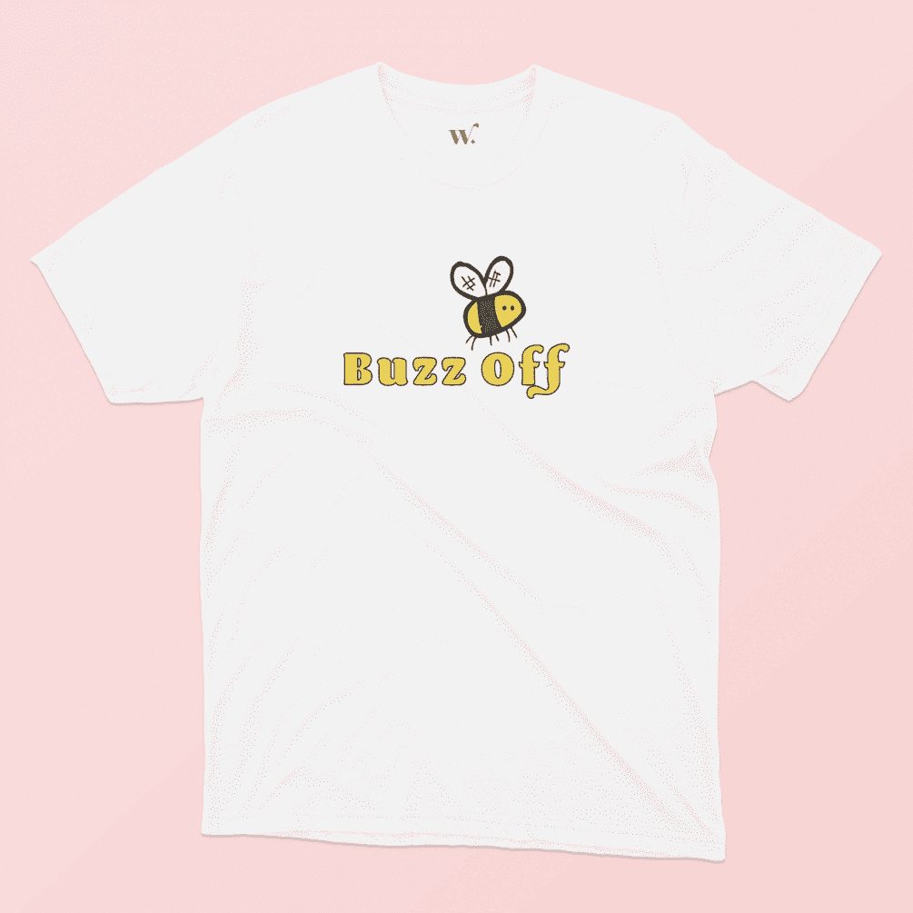 Buzz Off Illustrated White T-shirt on a pink background