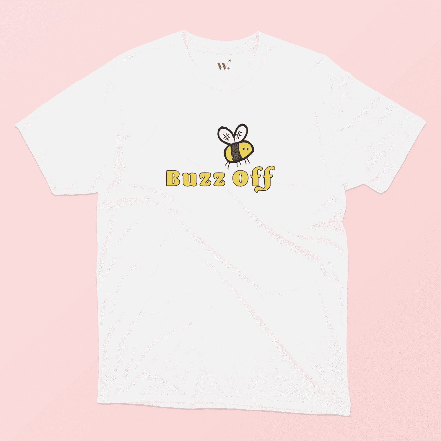 Buzz Off Illustrated White T-shirt on a pink background