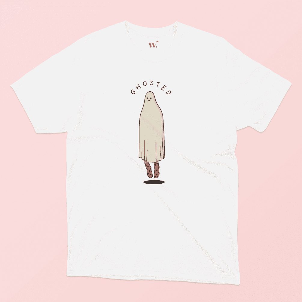 Ghosted illustrated white t-shirt on a pink background