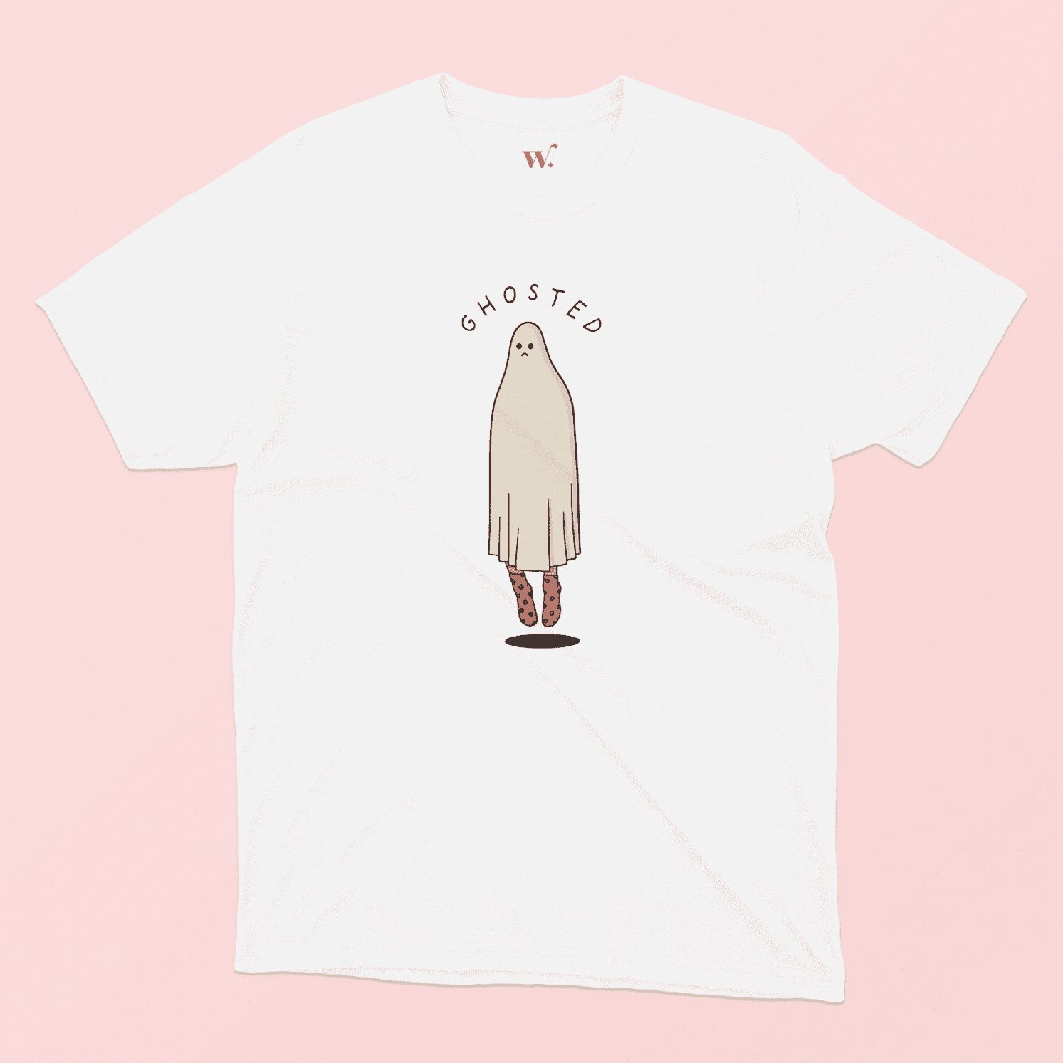 Ghosted illustrated white t-shirt on a pink background