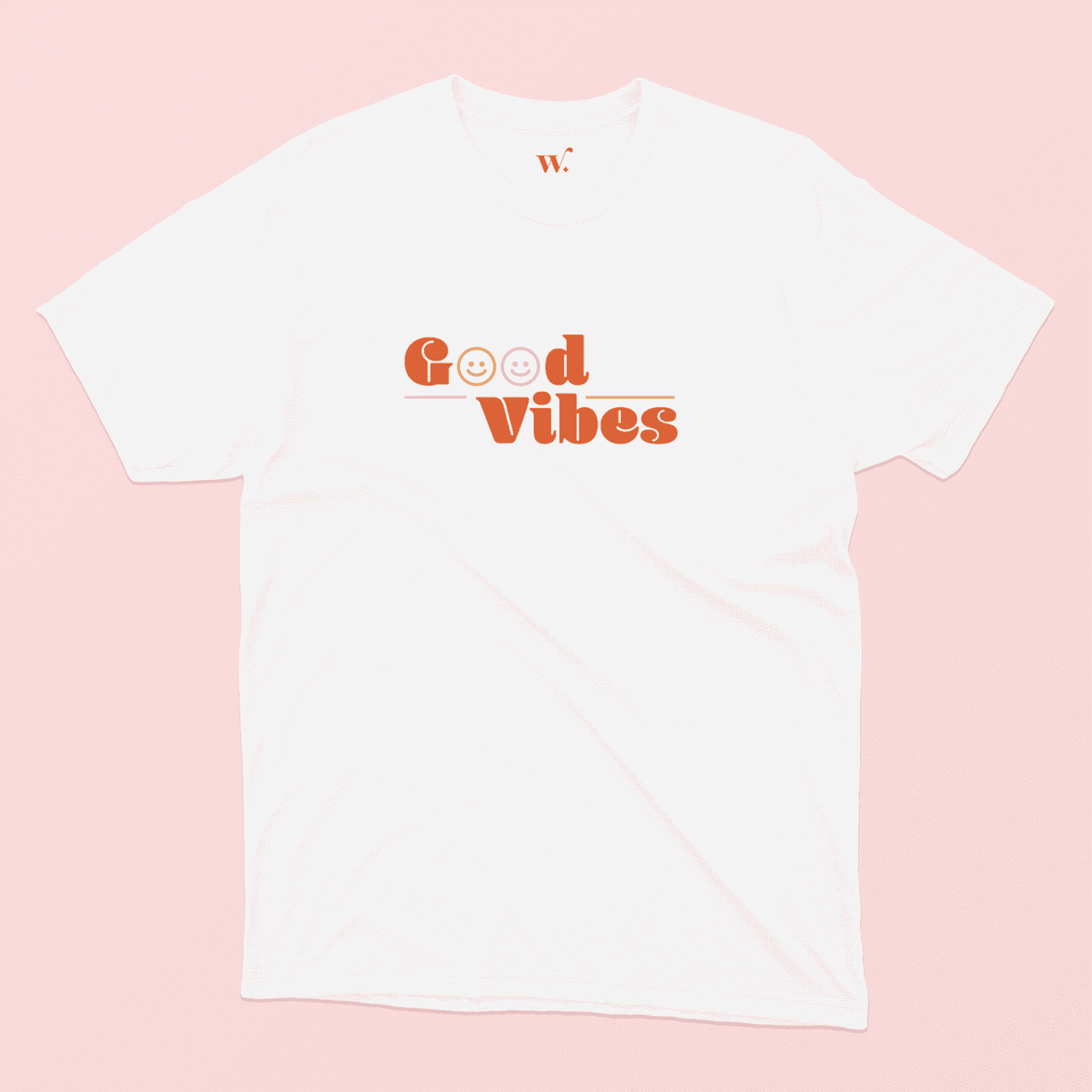 Good Vibes illustrated White T-shirt on a Pink background
