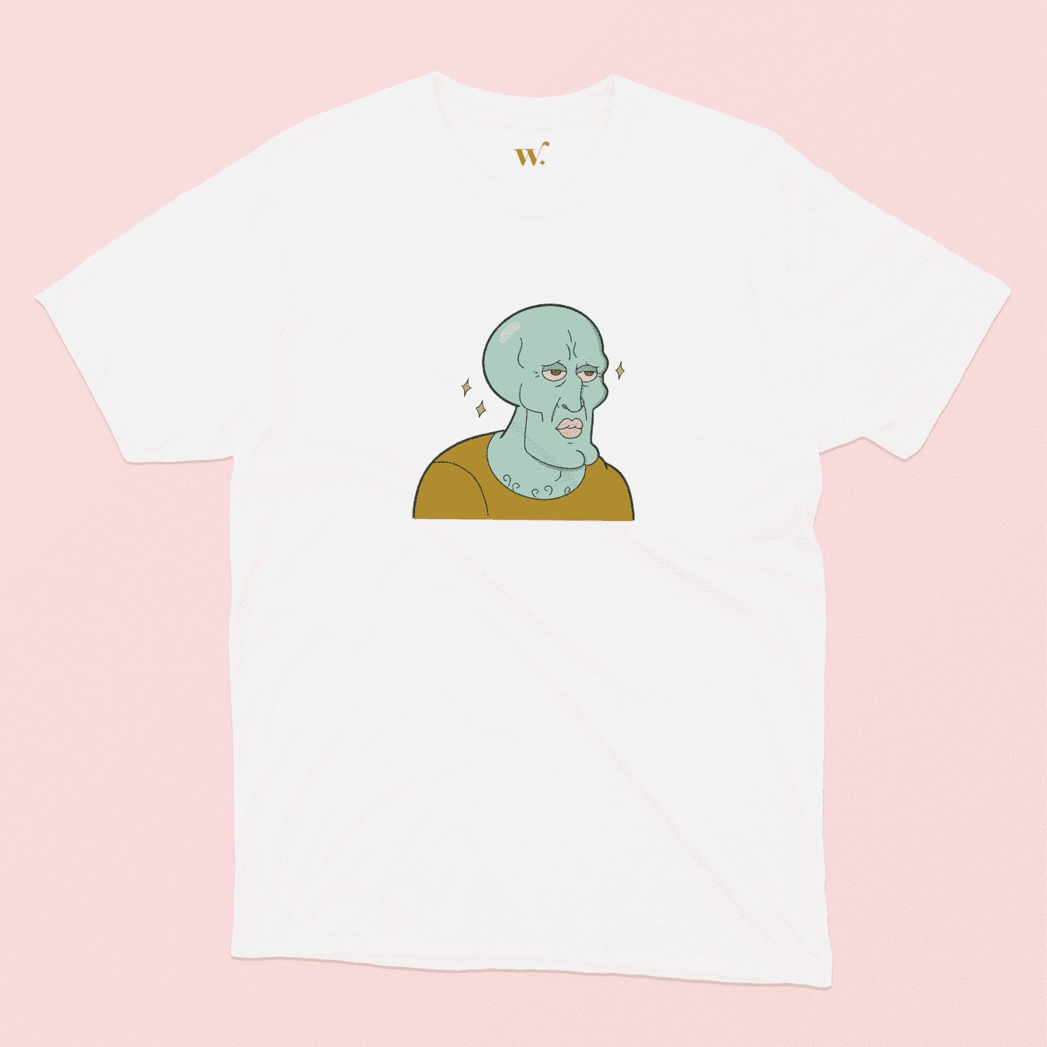 handsome squidward illustrated T-shirt in White on a Pink background