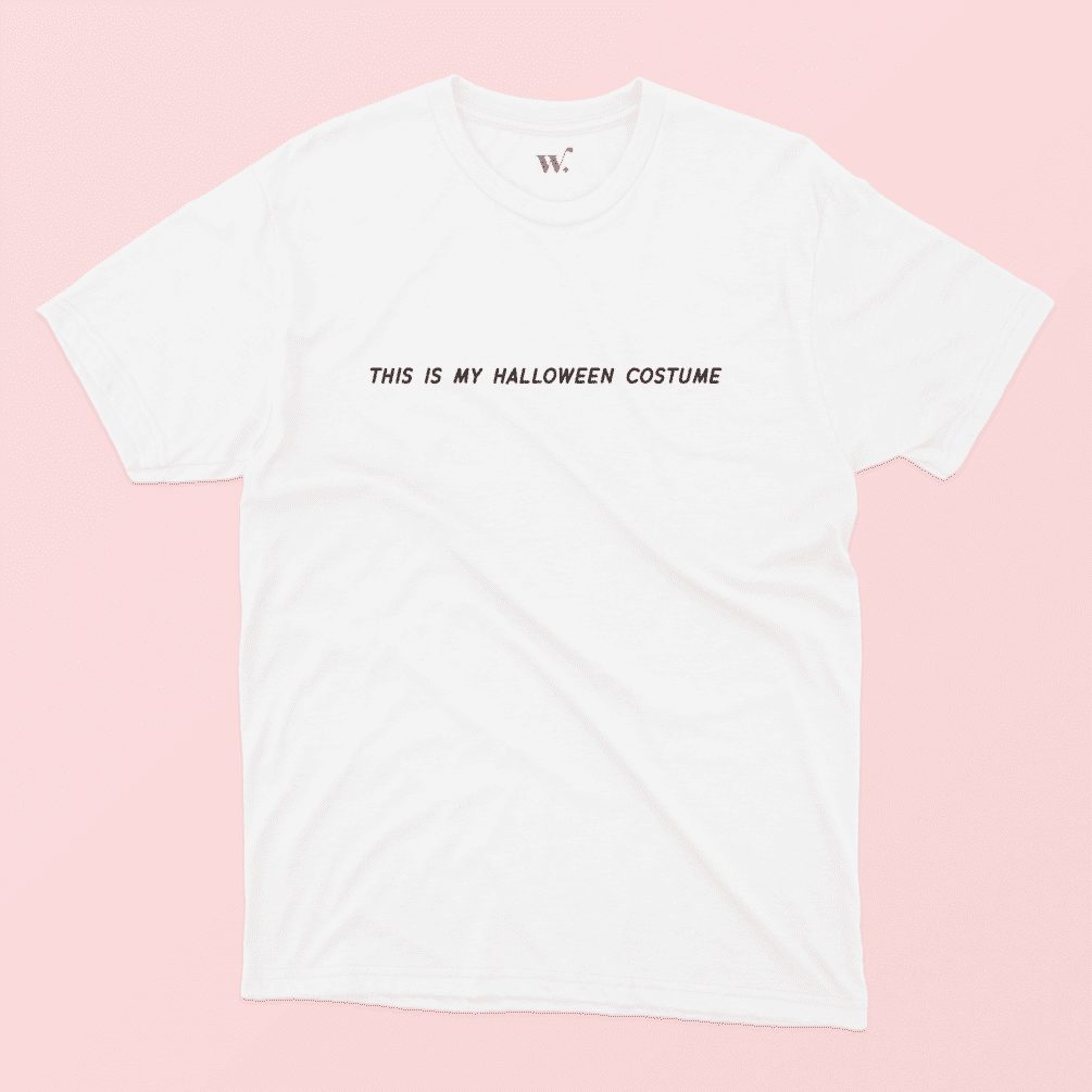 This is my halloween costume illustrated t-shirt in White on a Pink Background