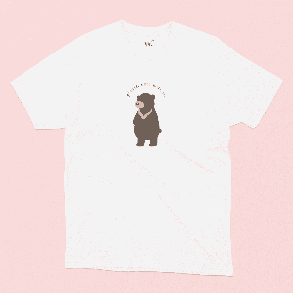 Please Bear With Me Illustrated T-Shirt in White on a Pink background