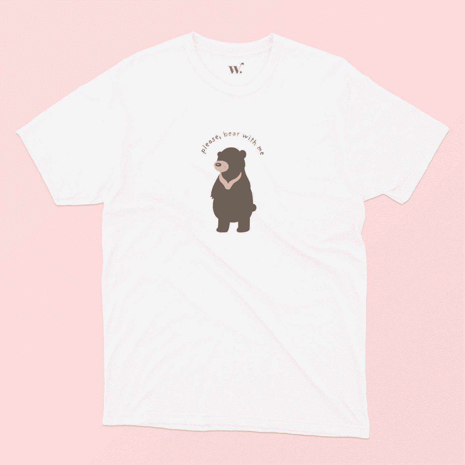 Please Bear With Me Illustrated T-Shirt in White on a Pink background