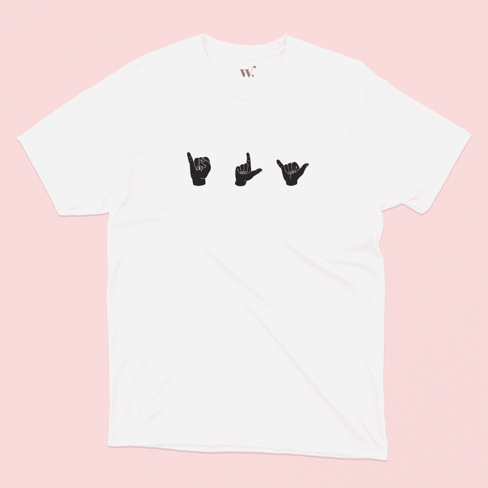 ILY hand signs illustrated t-shirt in White on a Pink background