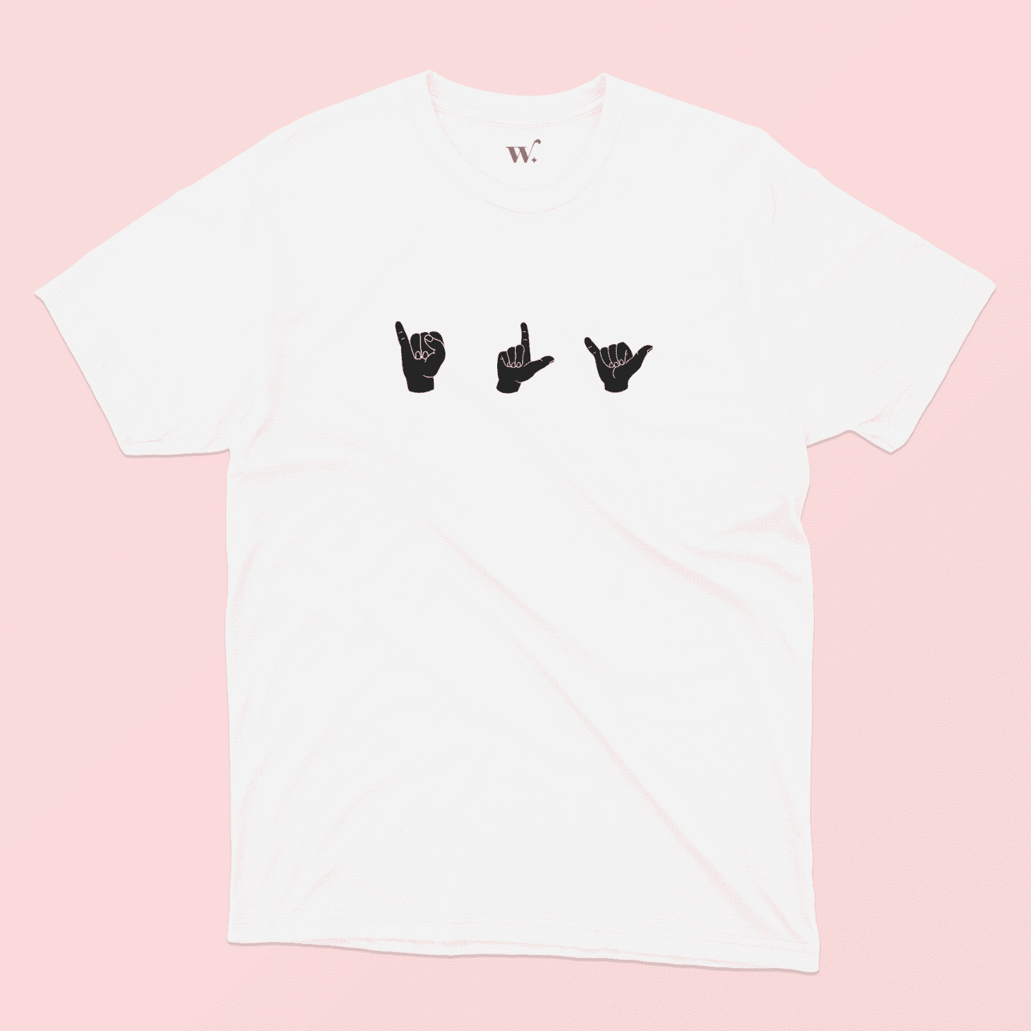 ILY hand signs illustrated t-shirt in White on a Pink background