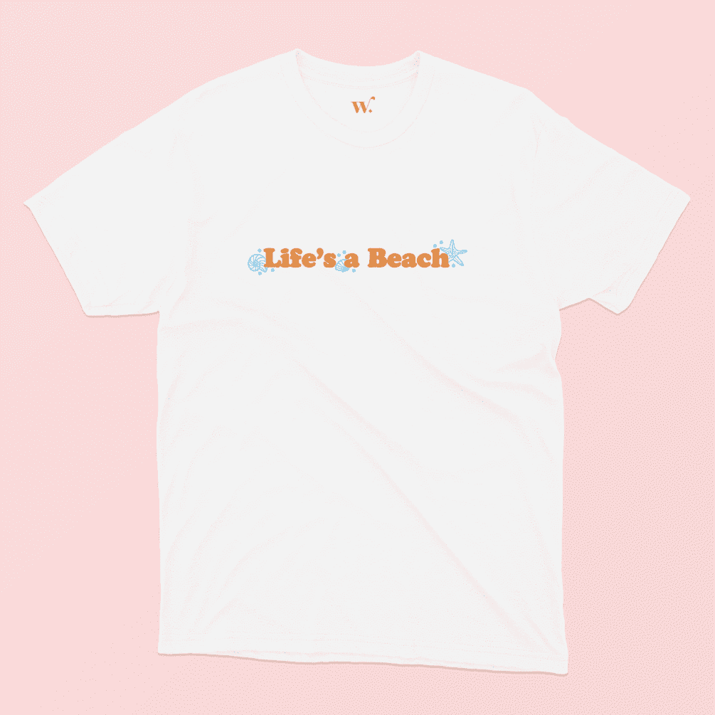 Life's a Beach Illustrated T-Shirt in White on a Pink Background