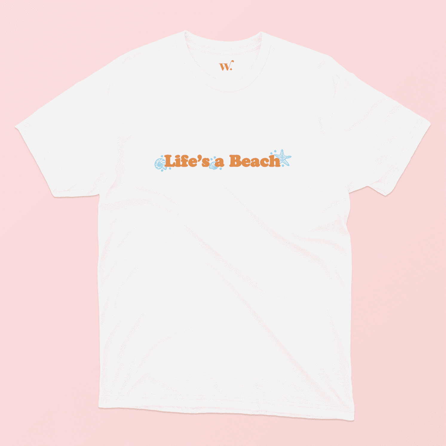 Life's a Beach Illustrated T-Shirt in White on a Pink Background