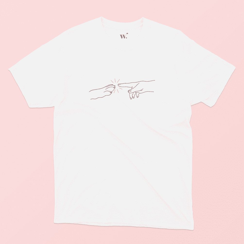 Michaelangelo Dog illustrated t-shirt in White on a pink Background