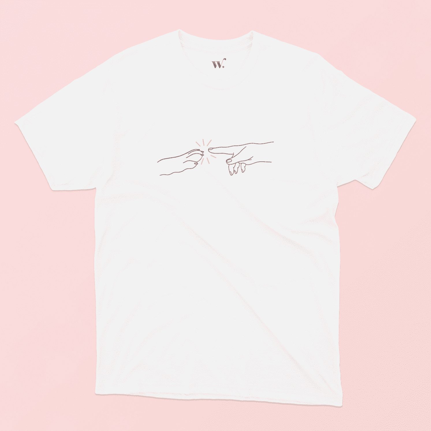 Michaelangelo Dog illustrated t-shirt in White on a pink Background