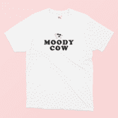 Moody Cow T-shirt Illustrated in White on a Pink background