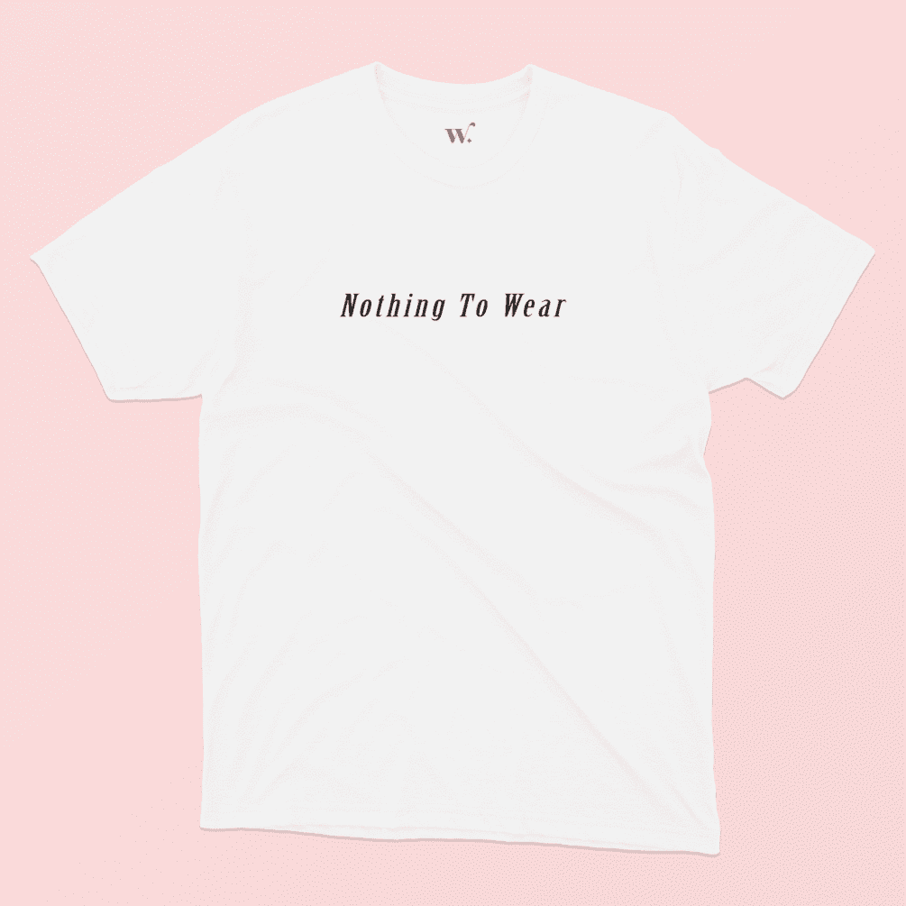 Nothing to wear print on an illustrated white t-shirt on a pink background