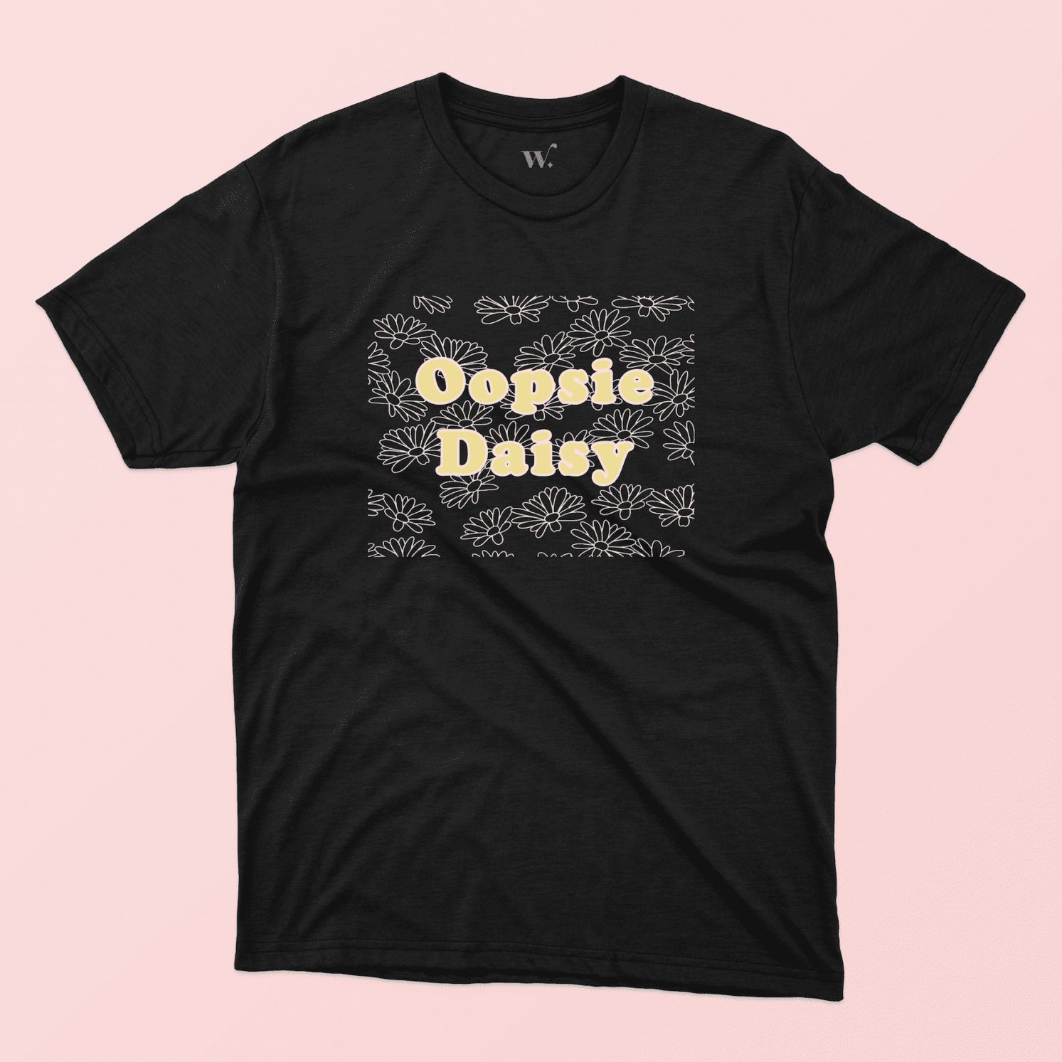 A Black t-shirt with the text "Oopsie Daisy" and an illustrated pattern on a pink background, sold by Willow Designs.