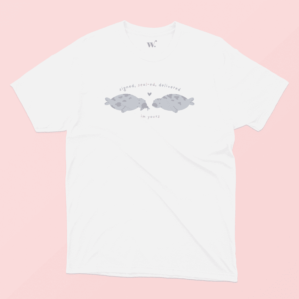signed seal-ed delivered illustrated t-shirt in White on a Pink Background