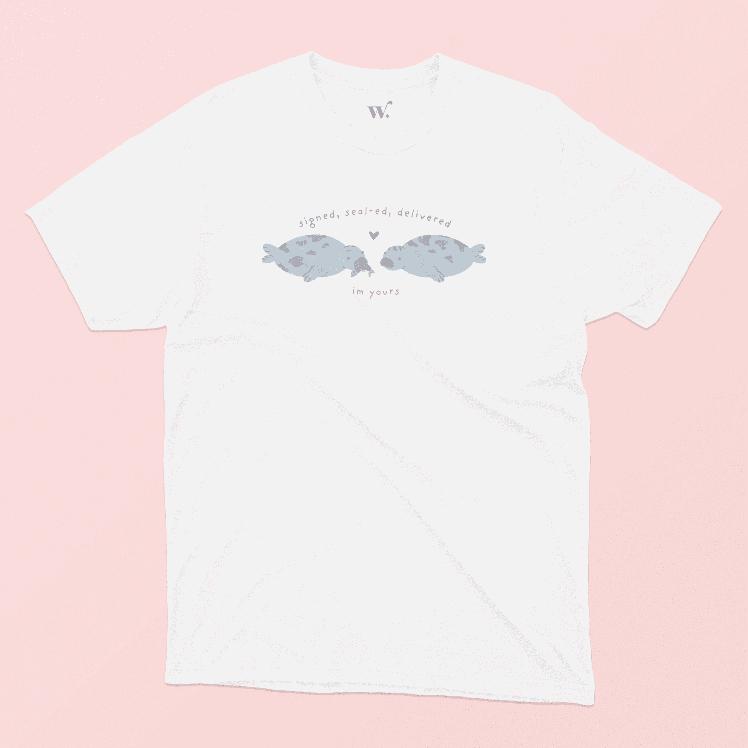 signed seal-ed delivered illustrated t-shirt in White on a Pink Background