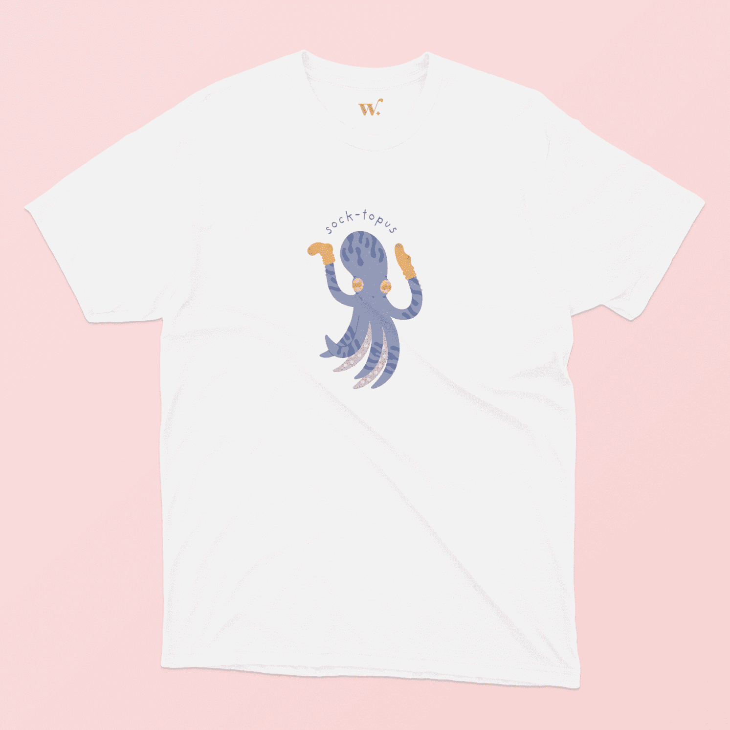 Sock-topus illustrated t-shirt in White on a Pink background