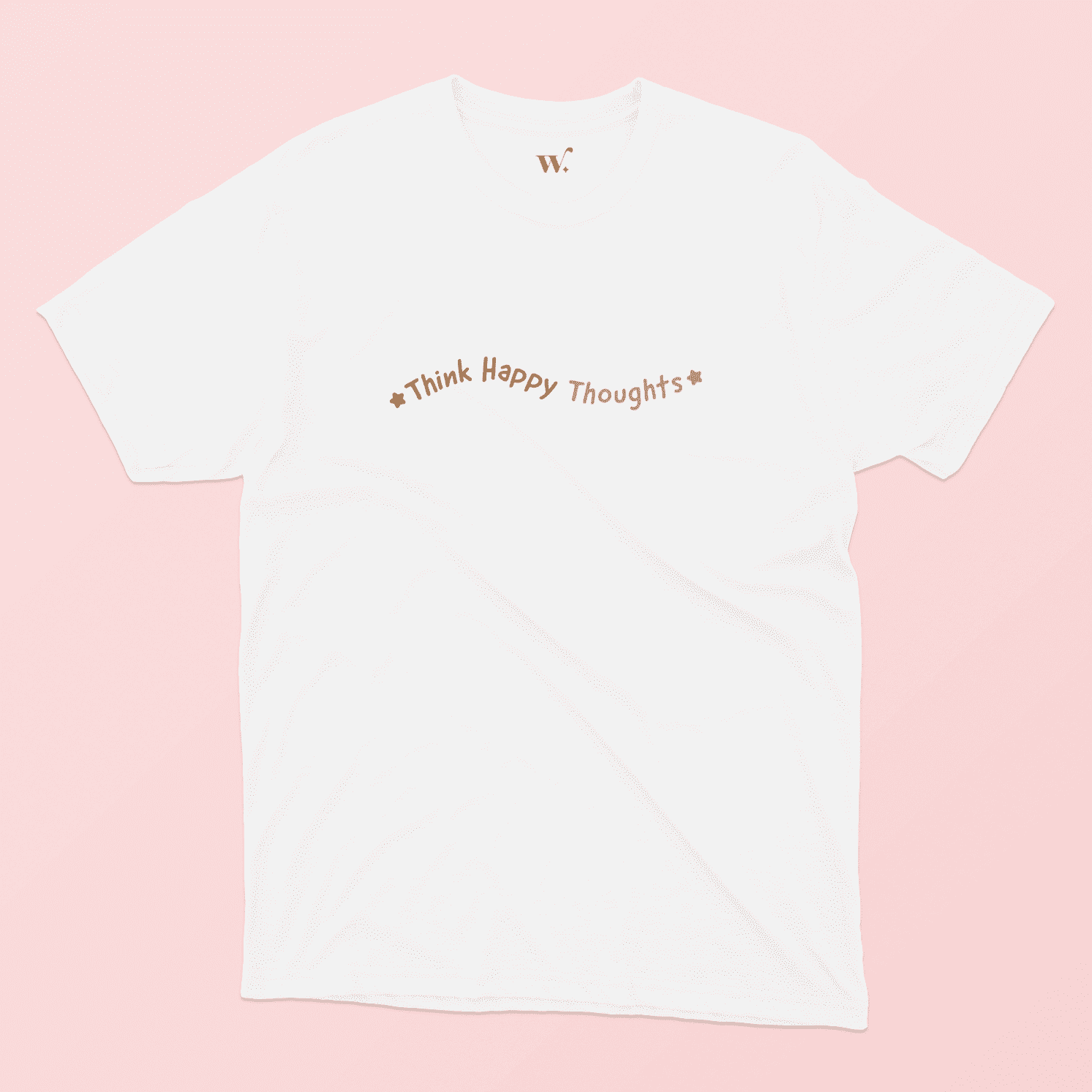 Think Happy Thoughts Illustrated T-shirt in White on a Pink Background