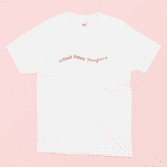 Think Happy Thoughts Illustrated T-shirt in White on a Pink Background